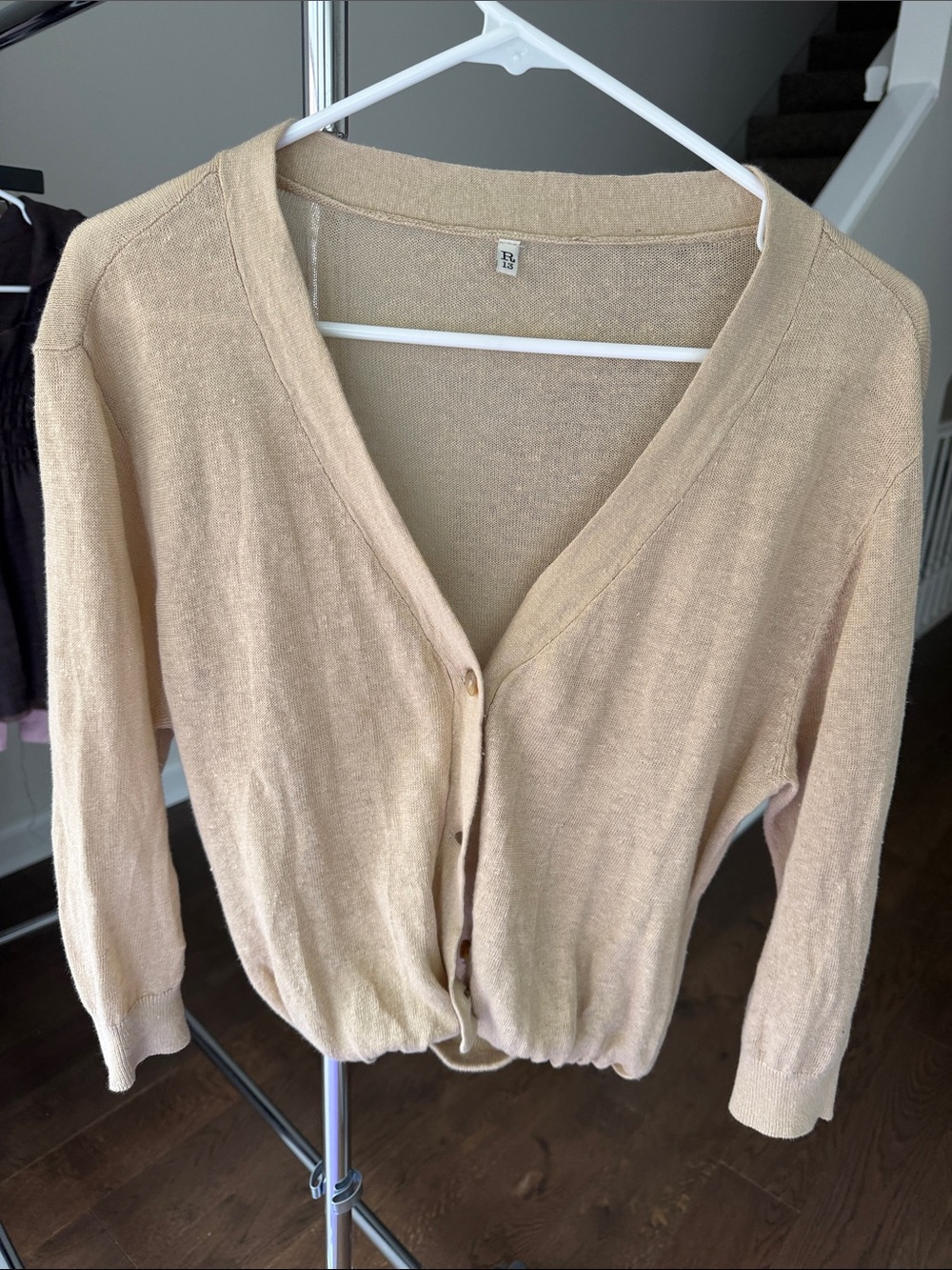 R13 Light Beige V-Neck Cropped Gathered waist Button Cardigan Size XS